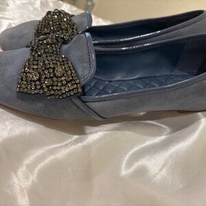 Tory Burch Blue Suede Flat Jeweled/Crystal Bow Slip on flat